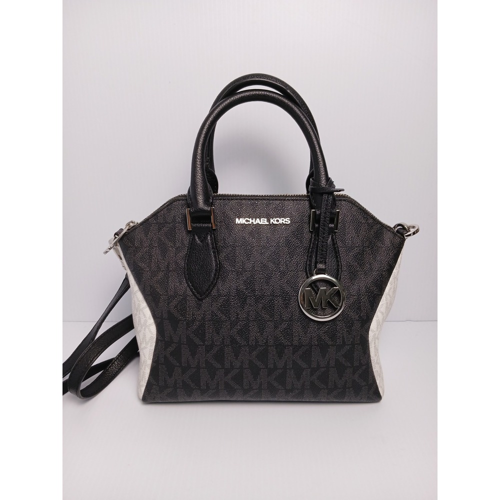 Michael Kors Coraline Black White Monogram Satchel Crossbody Bag Silver Hardware